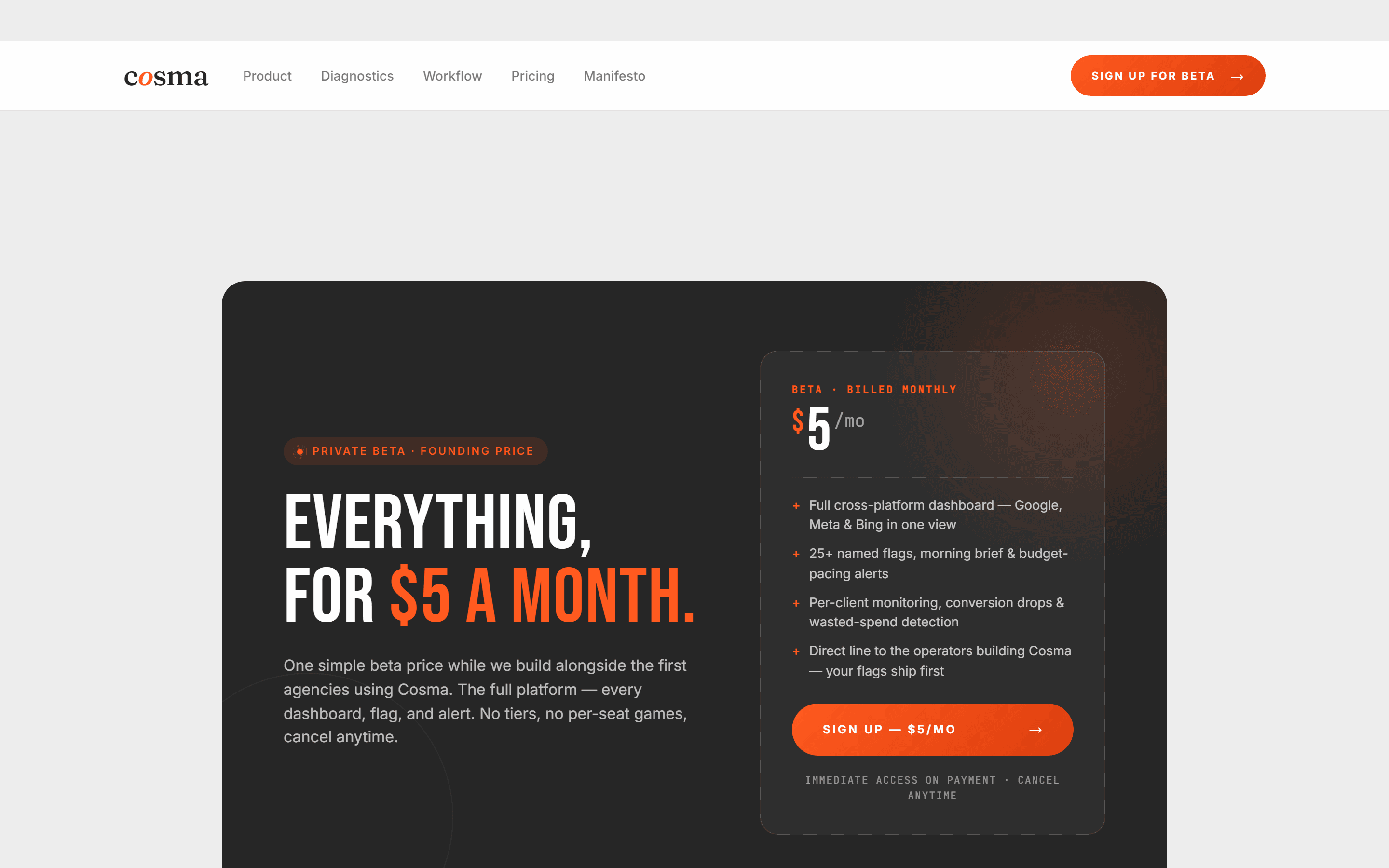 Cosma landing page pricing section showing the $9.99/month beta plan