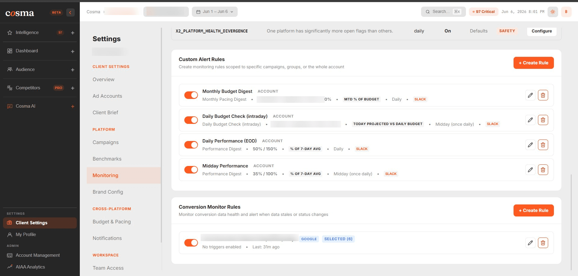 Client Settings → Monitoring, showing Custom Alert Rules and Conversion Monitor Rules sections