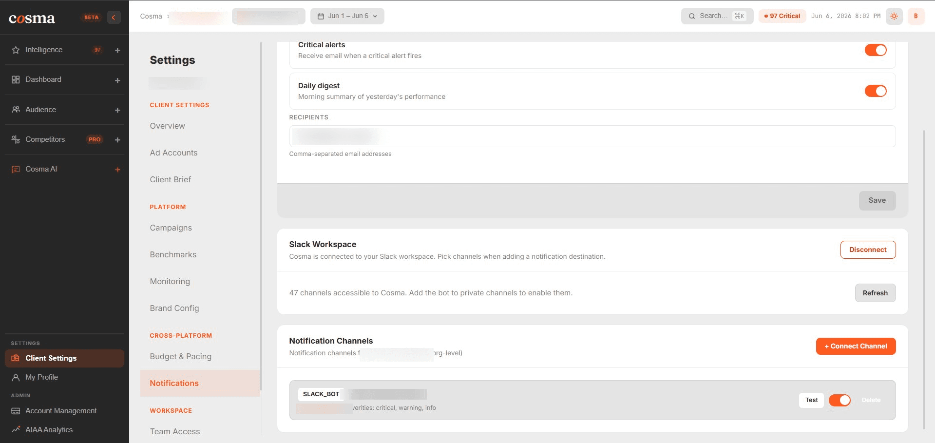Notifications settings: email recipients and connected Slack channels