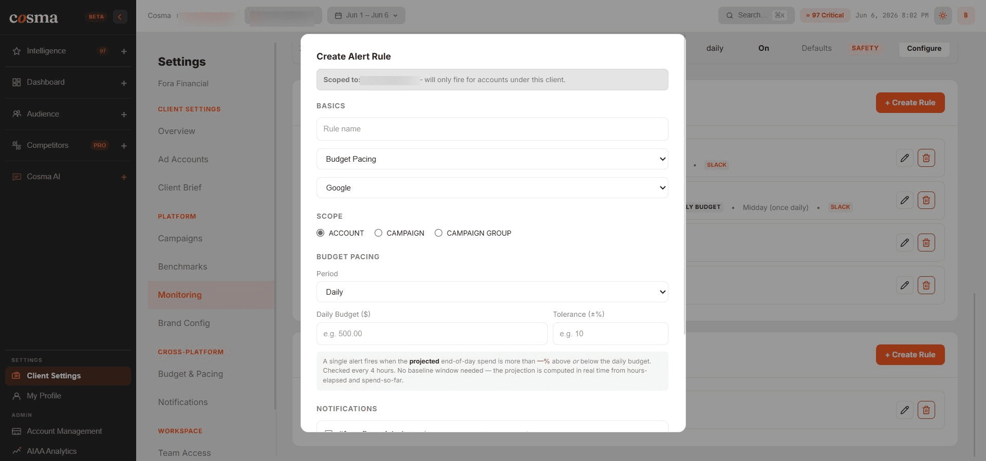 Create Alert Rule modal: type, platform, scope, period, daily budget and tolerance