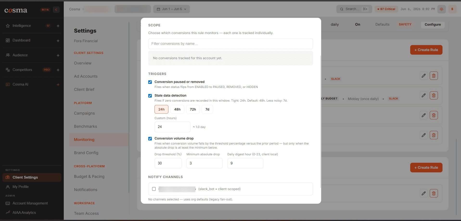 Conversion monitor rule modal: triggers, stale-data window, and 30% / min-3 volume-drop threshold